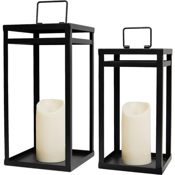 Black Metal Candle Lanterns Set of 2- w/ LED Flameless Candles- 15.8'' & 12.6'' - Picture 1 of 7